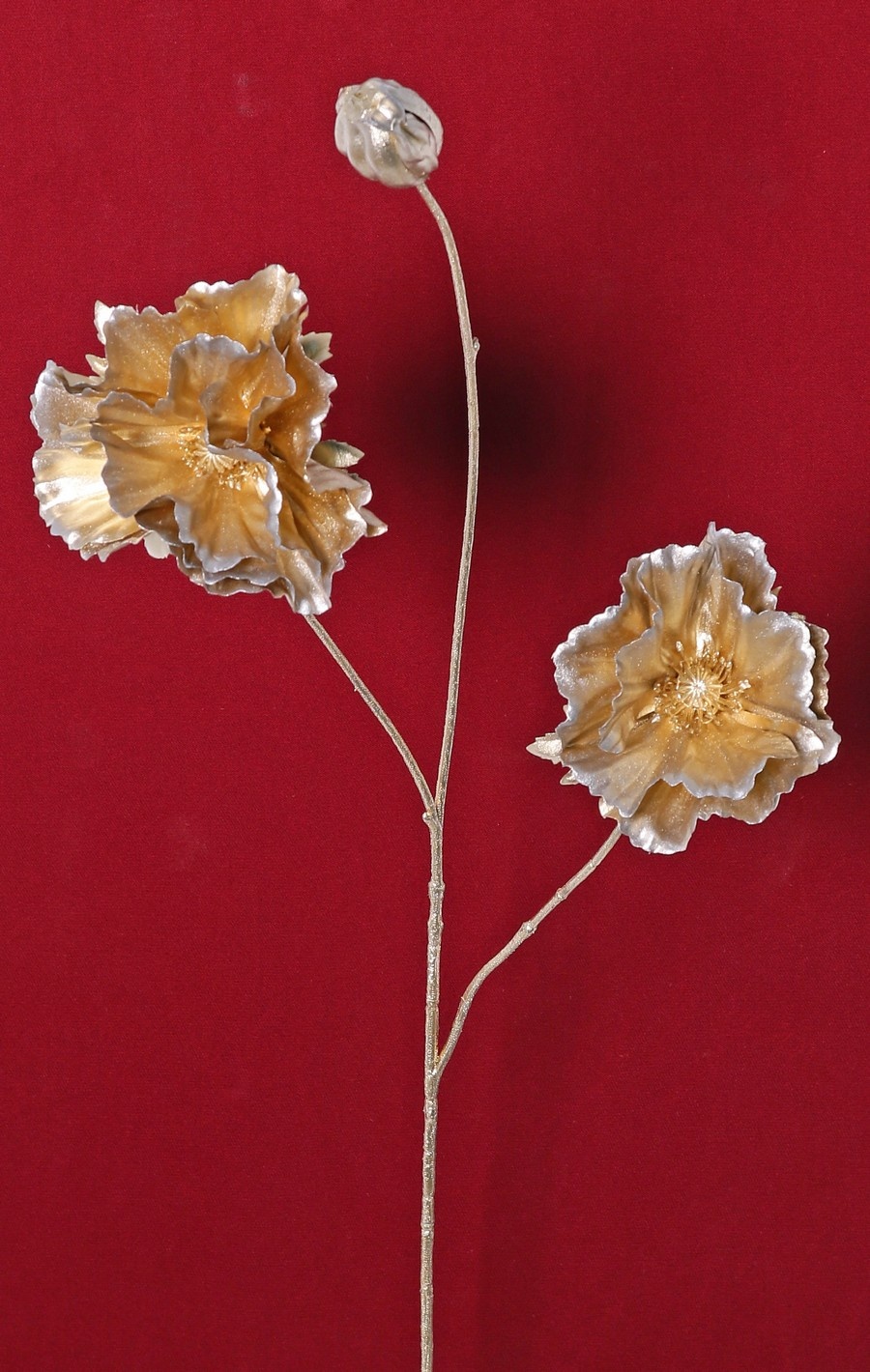 Papavertak met 2 bloemen (Ø 11 cm & 9 cm) & 1 knop, 'Light Metallic', 73 cm