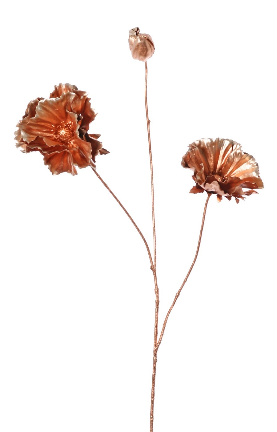 Papavertak met 2 bloemen (Ø 11 cm & 9 cm) & 1 knop, 'Light Metallic', 73 cm