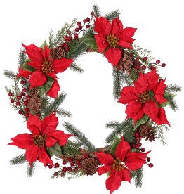 Wreath with pine and cypress, poinsettia (x 5), natural pine cone (x 5), foam berry tuft (x 5), 50 cm