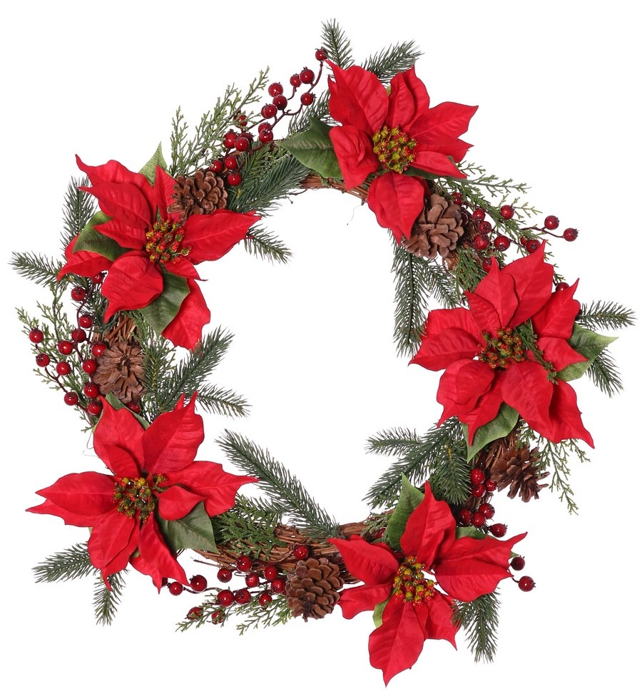 Krans met den & cypres, poinsettia (x 5), natural pine cone (x 5), foam bessentoef (x 5), 50 cm
