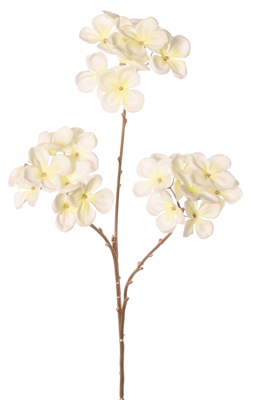 Rama de hortensia con 3 capullos (3 x Ø 10 cm), color del tallo: dorado, 66 cm "Sueño de invierno"