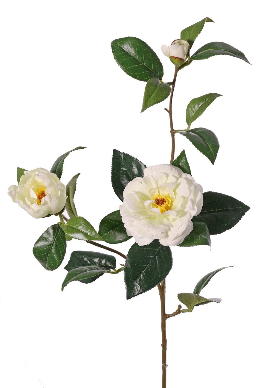 Kamelie (Japanische Rose) mit 2 Blüten (Ø 10 cm / Ø 6 cm), 1 Knospe (Ø 2 cm) und 22 Blättern, 87 cm - RECYCELT