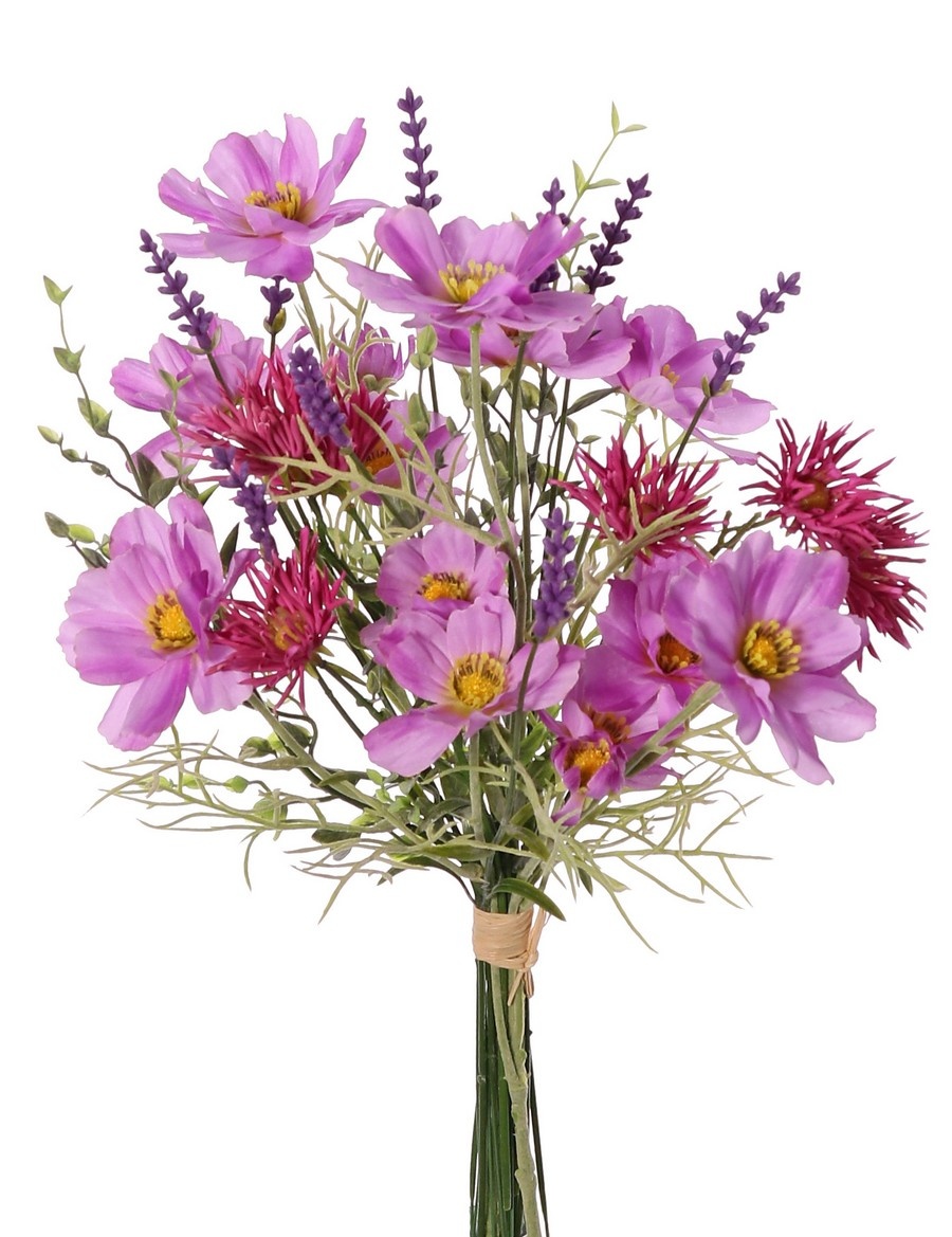 Mixboeket x17 met Cosmos, lavendel 9x, chrysant 6x en theeblad 3x, 45 cm, handgebonden
