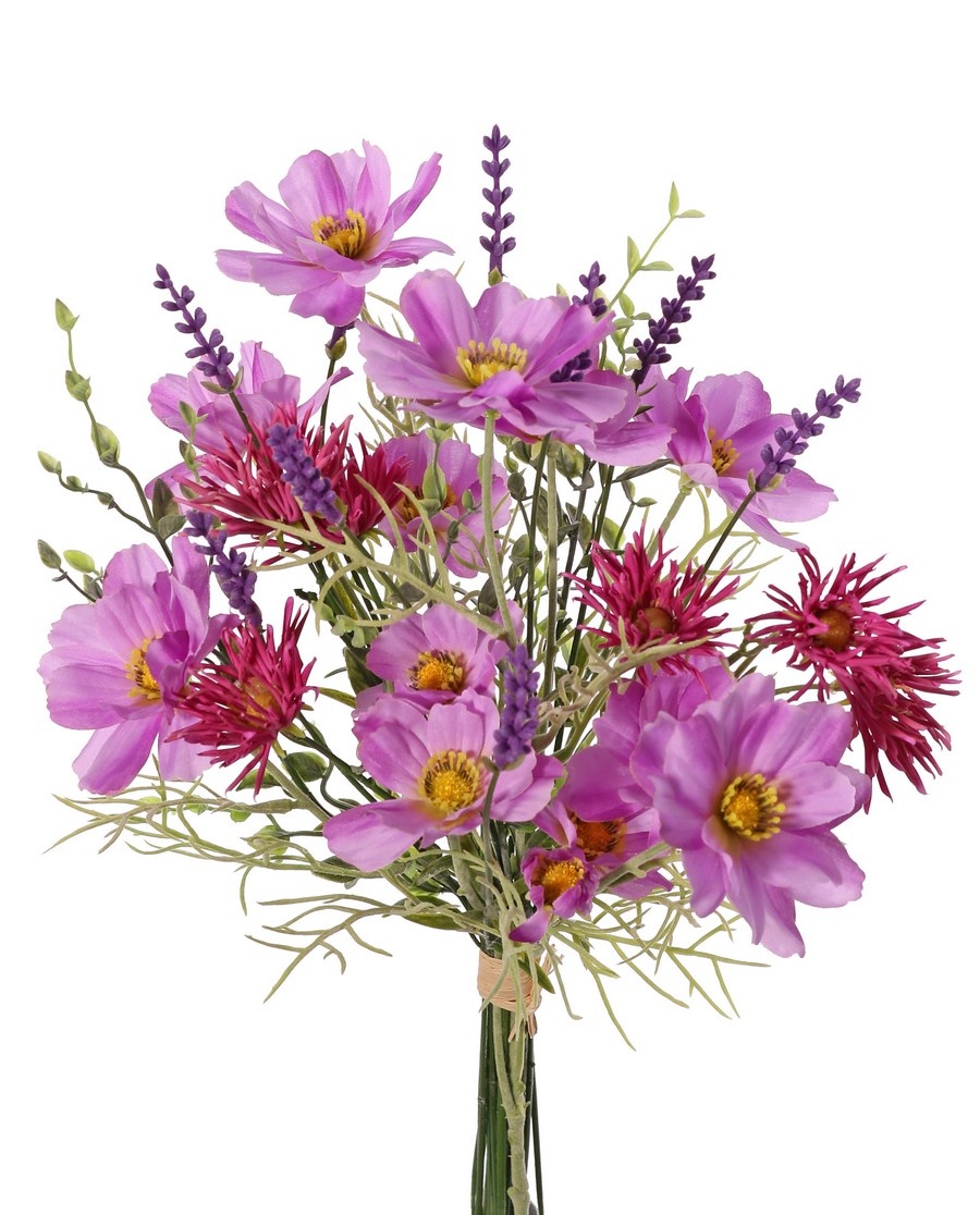 Gemischter Strauß (17 Stück) mit Kosmeen, Lavendel (9 Stück), Chrysanthemen (6 Stück) und Teeblättern (3 Stück), 45 cm, handgebunden