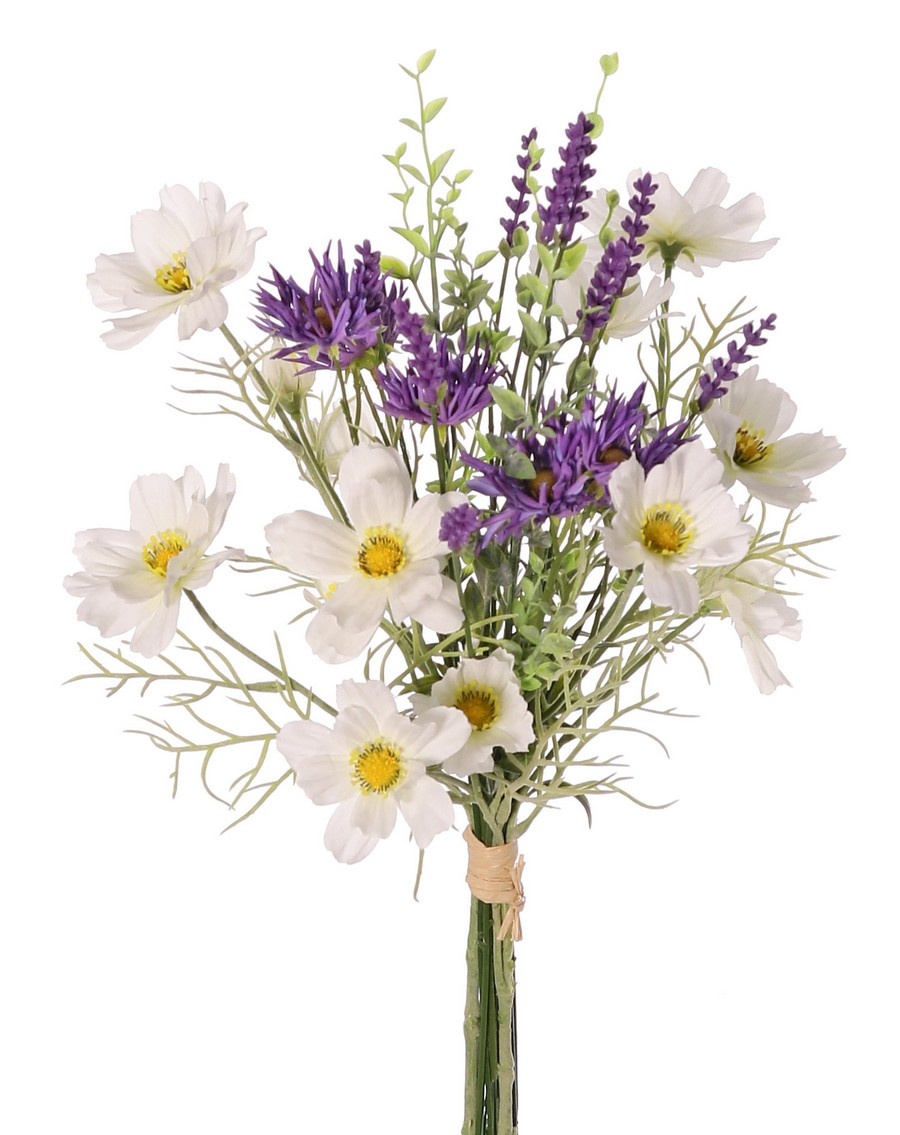 Ramo mixto x17 con Cosmos, lavanda 9x, crisantemo 6x y hoja de té 3x, 45 cm, atado a mano