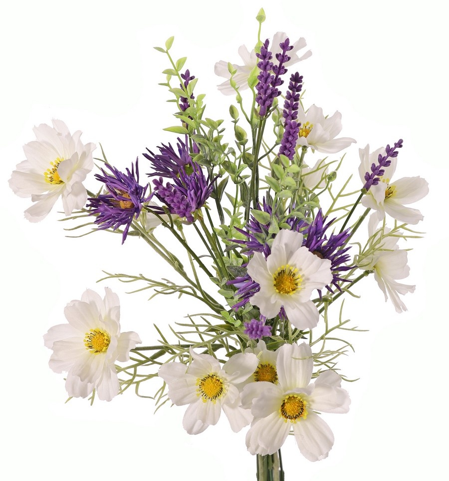 Mixboeket x17 met Cosmos, lavendel 9x, chrysant 6x en theeblad 3x, 45 cm, handgebonden