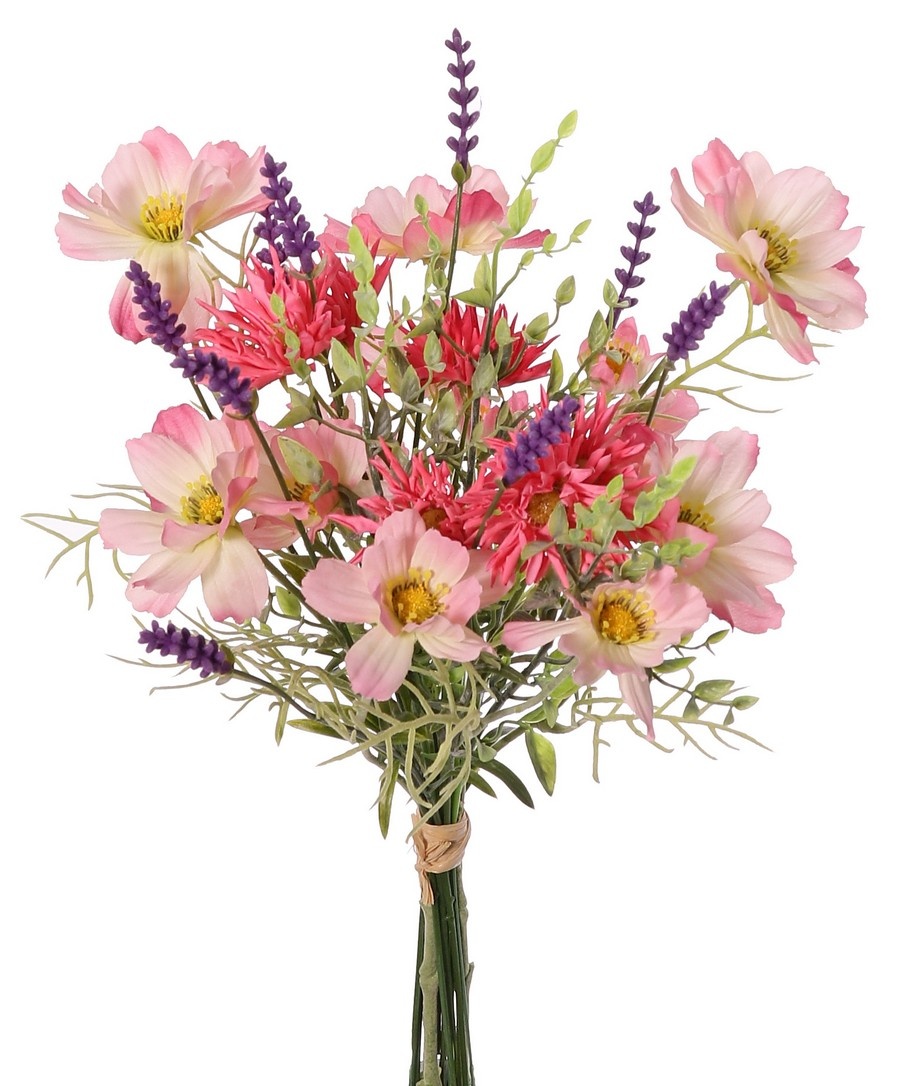 Gemischter Strauß (17 Stück) mit Kosmeen, Lavendel (9 Stück), Chrysanthemen (6 Stück) und Teeblättern (3 Stück), 45 cm, handgebunden