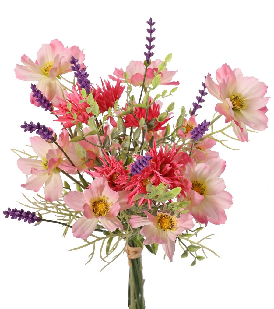 Mixboeket x17 met Cosmos, lavendel 9x, chrysant 6x en theeblad 3x, 45 cm, handgebonden