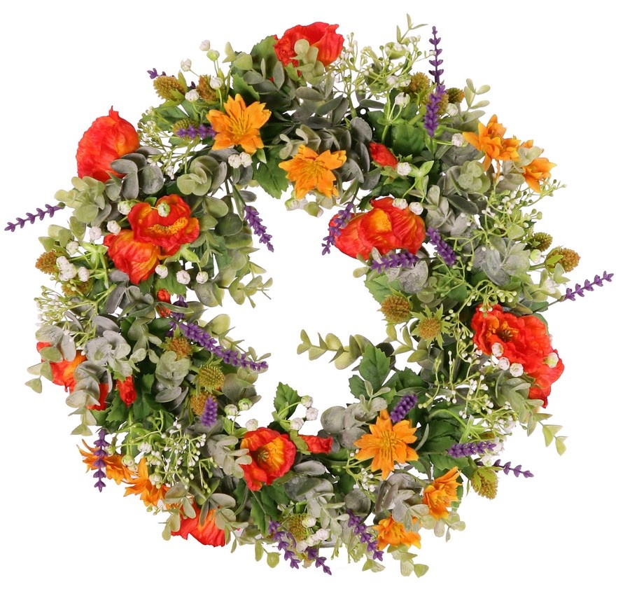 Wreath mix 'Garden Joy', poppy/lavender/eucalyptus/thistle/gypsophila, Ø 35 cm
