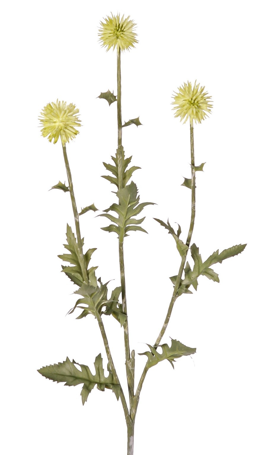 Kogeldistel (Echinops) met 3 ronde bloemen Ø 5 cm, 9 polyester & 6 plastic blaadjes, 76 cm