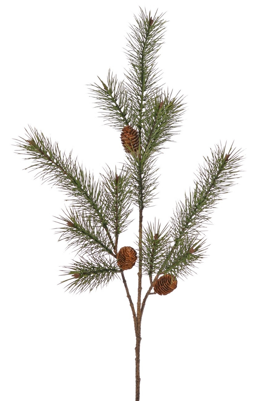Pinus tak (Dennetak) 3x vertakt, met plastic naalden en 3 plastic cones, 116 cm