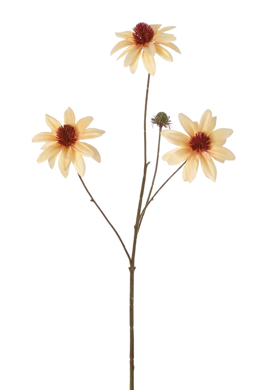 Rudbeckia (Sonnenhut), 4-fach verzweigt, mit 3 Polyesterblüten, 1 Kunststoffknospe und 6 Blättern, 72 cm