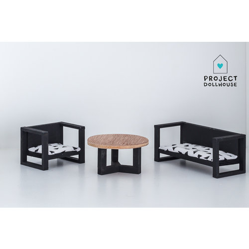Project Dollhouse Bank en stoel met Salontafel Project Dollhouse Bank en stoel met Salontafel