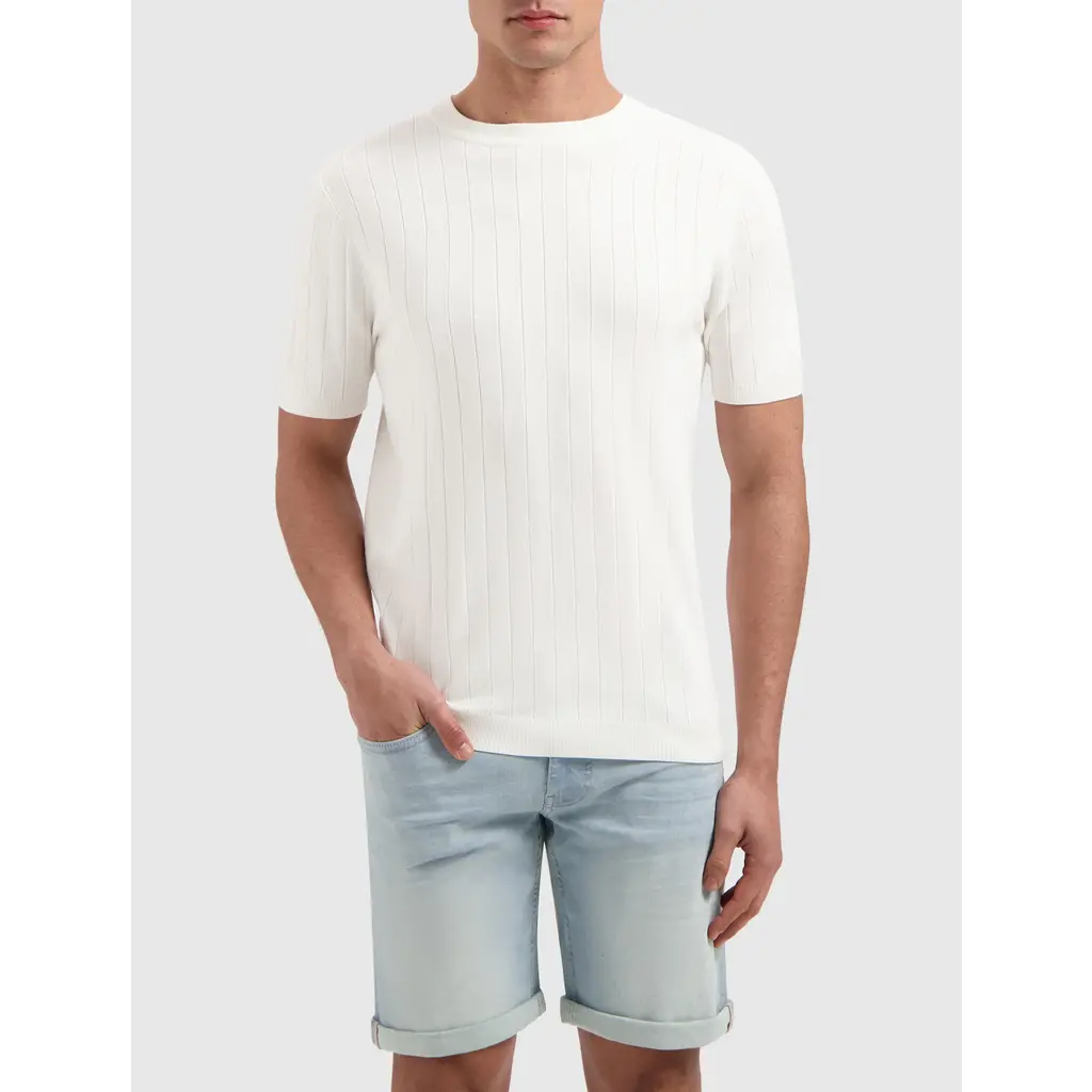 PurePath (by PureWhite) PurePath 25010804 Vertical Striped Knitwear T-Shirt Off White - Regular Fit