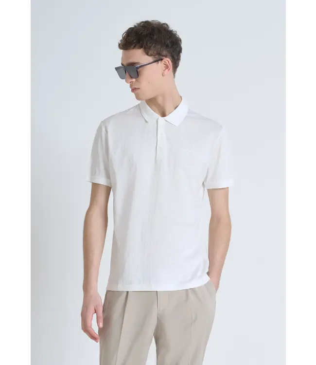 Antony Morato Antony Morato MMKS02479-FA140281 POLO SLIM FIT IN MERCERIZED DOBBY COTTON FABRIC GEOMETRIC MOTIF WITH RUBBER INJECTION LOGO PRINT Cream - Slim Fit