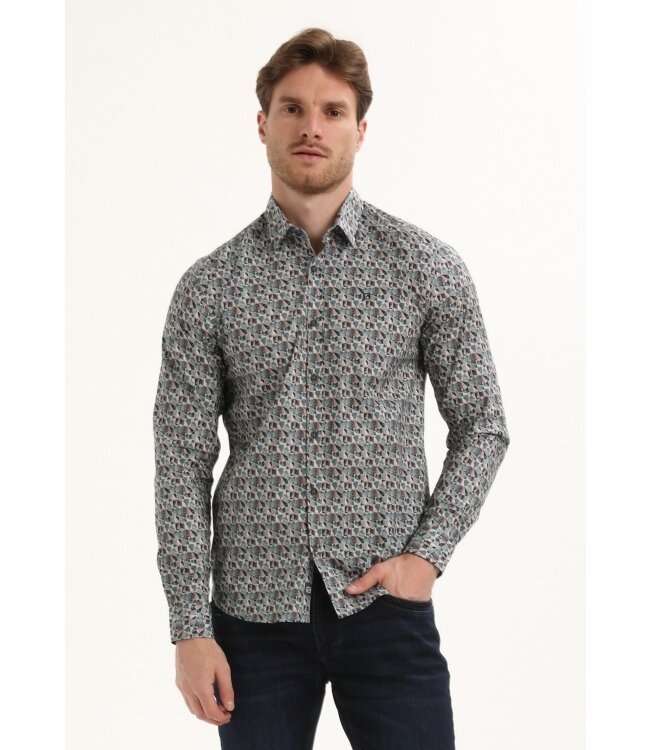 Gabbiano Gabbiano Overhemd Poplin Print Teal Blue - Regular Fit
