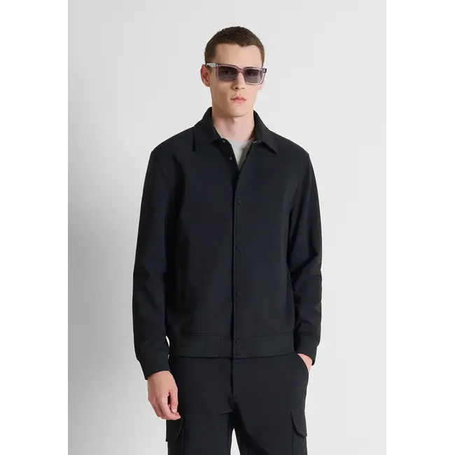 Antony Morato Antony Morato MMCO00966-FA600297 Black regular-fit coat in bi-stretch fabric with logo on metal badge