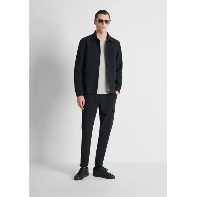 Antony Morato Antony Morato MMCO00966-FA600297 Black regular-fit coat in bi-stretch fabric with logo on metal badge