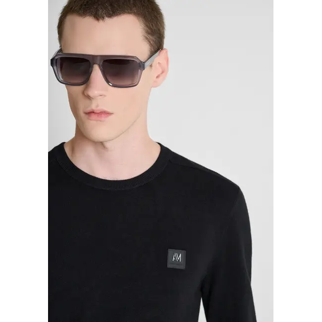 Antony Morato Antony Morato MMSW01659-YA500002 long-sleeve crew-neck sweater in super-soft viscose with metal logo on rubber patch Black - Slim Fit