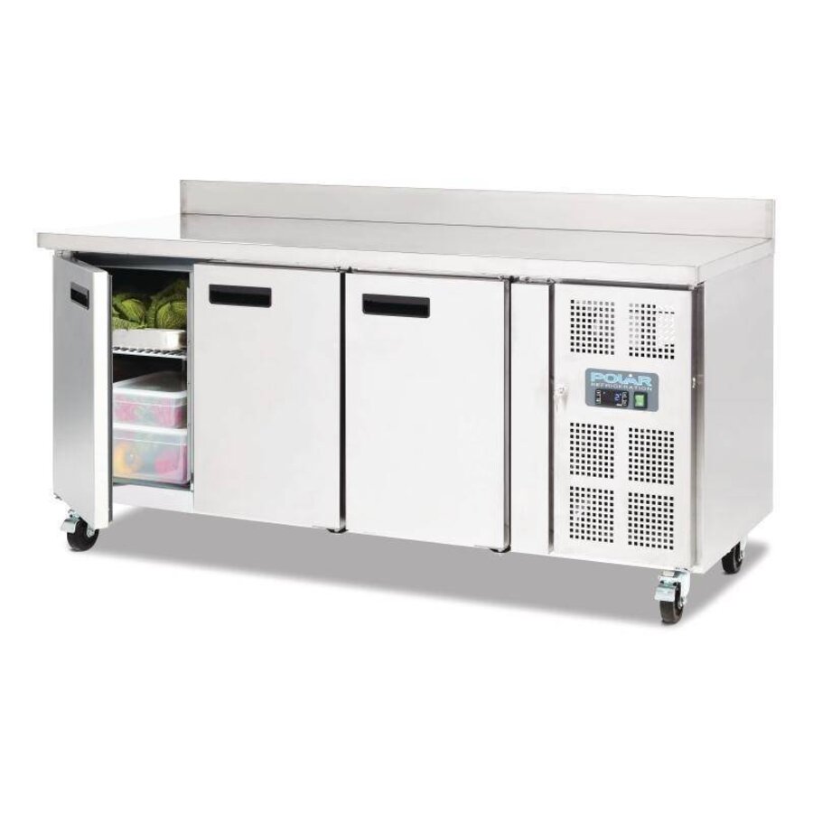 Polar Roestvrijstalen werkbank 3 deurs koeling met spatrand