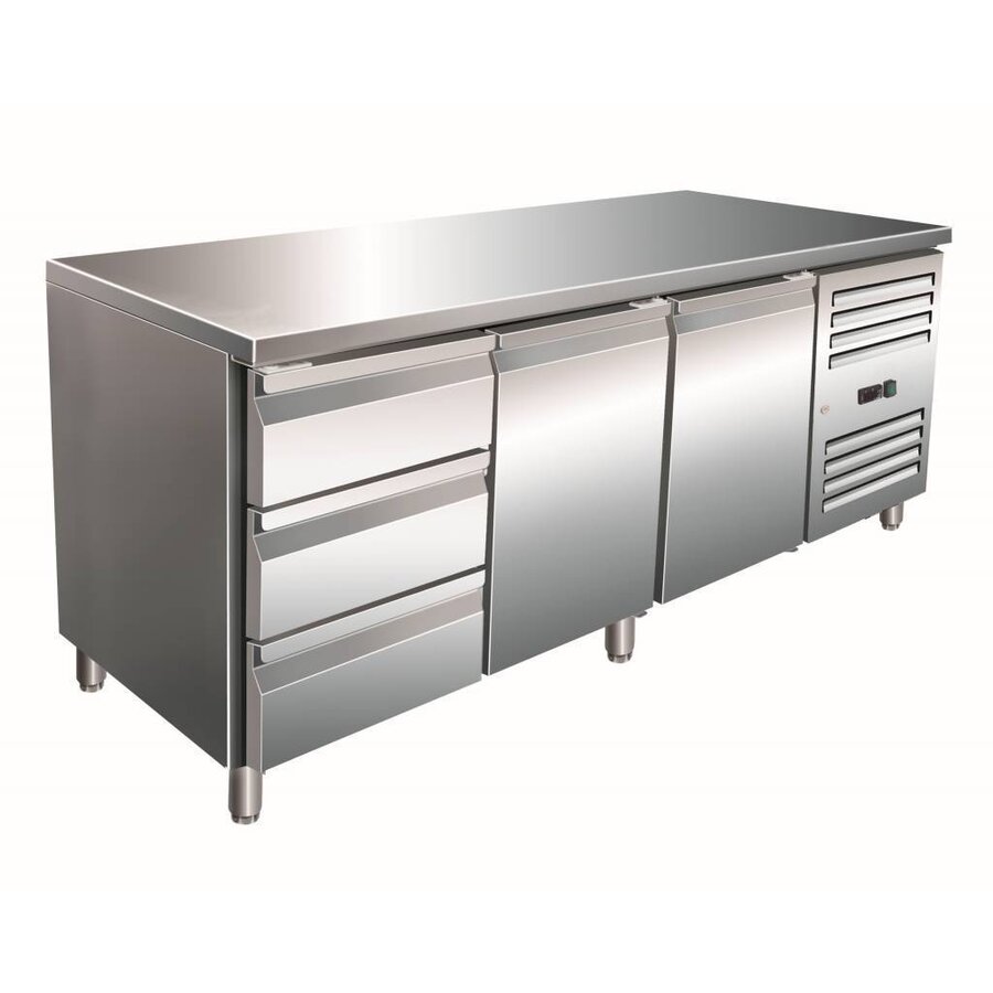 Koelwerkbank RVS met 2 deuren en 3 laden | 179,5 x 70 x 89/95 cm