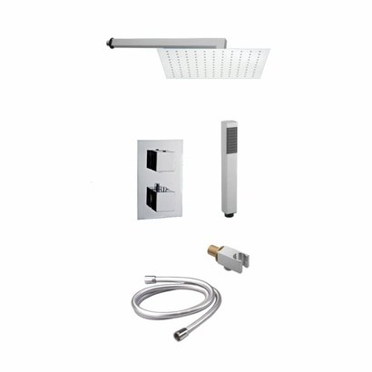 Doucheset inbouw met thermostaat en muurbevestiging / douchekop 20 cm vierkant Chroom