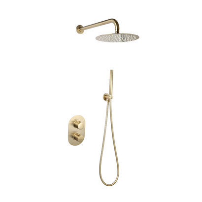 Doucheset inbouw met box thermostaat en muurbevestiging / douchekop 25 cm rond Goud Geborsteld