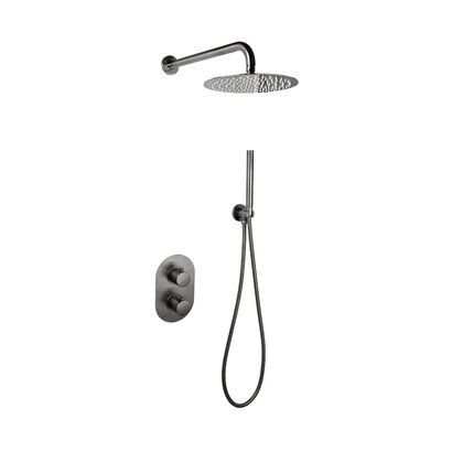 Doucheset inbouw met box thermostaat en muurbevestiging / douchekop 25 cm rond Gun Metal