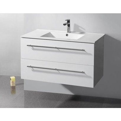Badmeubelset met RVS greep Keramic 90 Hoogglans Wit zonder spiegel OP = OP