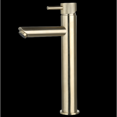 Wastafelmengkraan hoog rond Goud Geborsteld met geribbeld knop