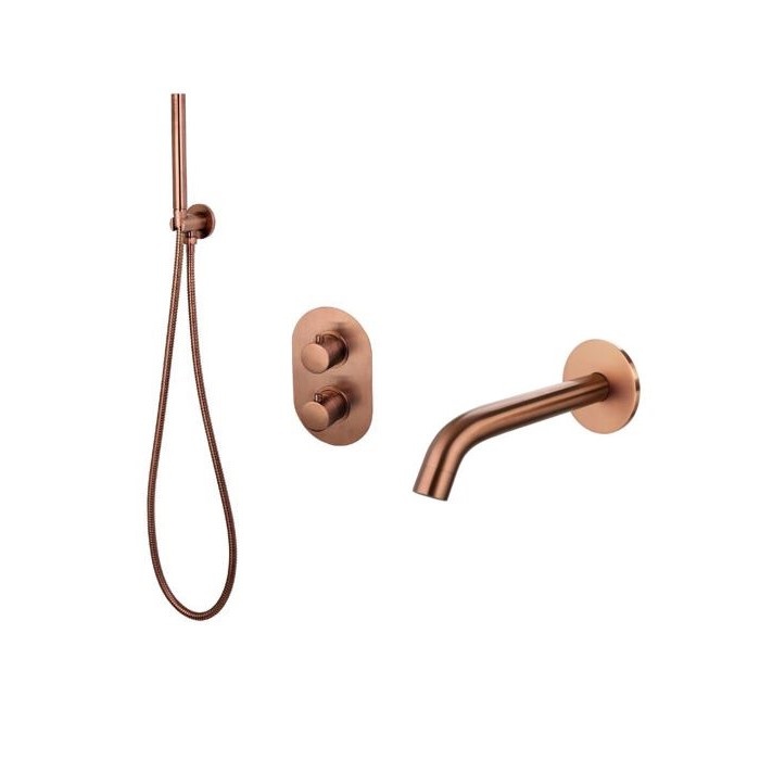 Badset inbouw met box thermostaat, muurbevestiging / doucheslang, staafhanddouche Brons