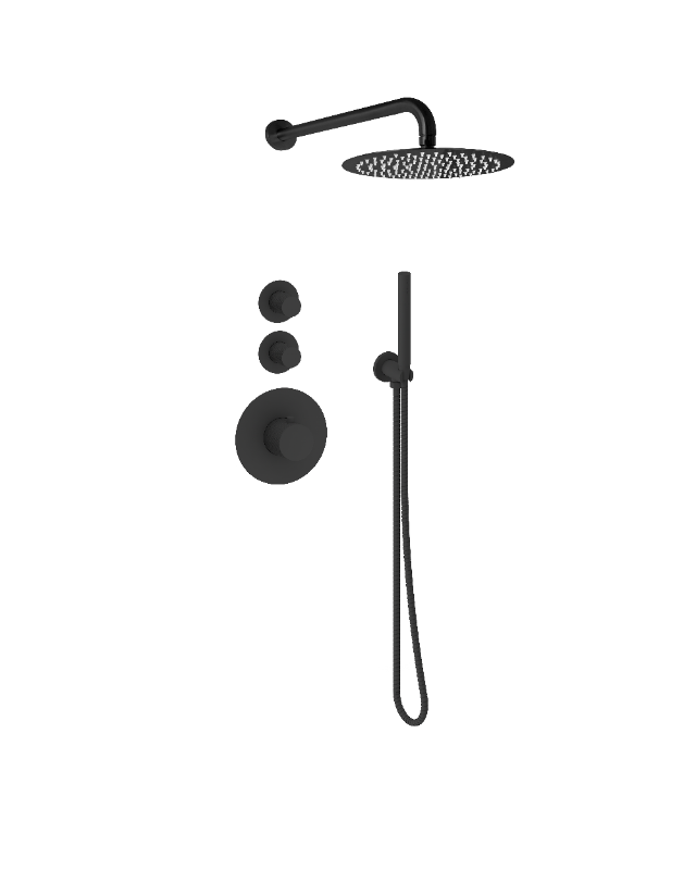 Doucheset inbouw deluxe met box thermostaat, muurbevestiging / douchekop 25 cm Mat Zwart met geribbelde kn