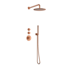 Doucheset inbouw deluxe met box thermostaat, muurbevestiging / douchekop 30 cm rond Brons met geribbeld knop