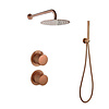 Doucheset inbouw met box thermostaat, muurbevestiging / afwerkringen / douchekop 30 cm rond Brons met geribbeld knop