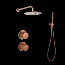 Doucheset inbouw met box thermostaat, muurbevestiging / afwerkringen / douchekop 30 cm rond Brons met geribbeld knop