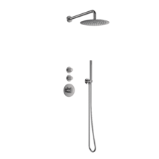 Doucheset inbouw deluxe met box thermostaat, muurbevestiging / douchekop 30 cm rond Gun Metal met geribbeld knop