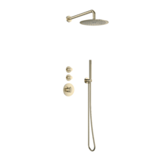 Doucheset inbouw deluxe met box thermostaat, muurbevestiging / douchekop 30 cm rond Goud Geborsteld met geribbeld knop