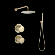 Doucheset inbouw met box thermostaat, muurbevestiging / afwerkringen / douchekop 30 cm rond Goud Geborsteld met geribbeld knop
