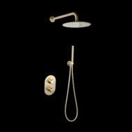 Doucheset inbouw met box thermostaat, muurbevestiging / douchekop 30 cm rond Goud Geborsteld met geribbeld knop