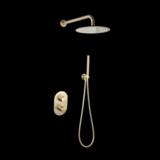 Doucheset inbouw met box thermostaat, muurbevestiging / douchekop 30 cm rond Goud Geborsteld met geribbeld knop
