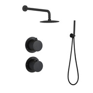 Doucheset inbouw met box thermostaat, muurbevestiging / afwerkringen / douchekop 30 cm rond Mat Zwart met geribbeld knop
