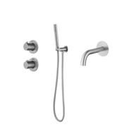 Badset inbouw met box thermostaat, muurbevestiging / afwerkringen / doucheslang, staafhanddouche rond RVS