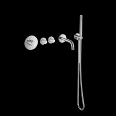 Badset inbouw deluxe met box thermostaat, muurbevestiging / doucheslang, staafhanddouche rond RVS met geribbeld knop