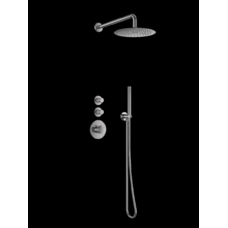 Doucheset inbouw deluxe met box thermostaat, muurbevestiging / douchekop 30 cm rond Gun Metal met geribbeld knop