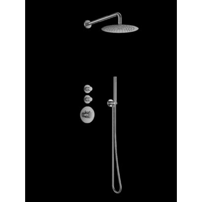 Doucheset inbouw deluxe met box thermostaat, muurbevestiging / douchekop 30 cm rond Gun Metal met geribbeld knop