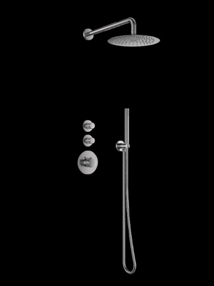 Doucheset inbouw deluxe met box thermostaat, muurbevestiging / douchekop 30 cm Gun Metal met geribbelde kn