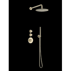 Doucheset inbouw deluxe met box thermostaat, muurbevestiging / douchekop 30 cm rond Goud Geborsteld met geribbeld knop