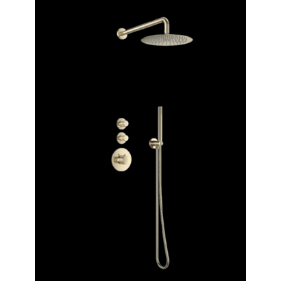 Doucheset inbouw deluxe met box thermostaat, muurbevestiging / douchekop 30 cm rond Goud Geborsteld met geribbeld knop