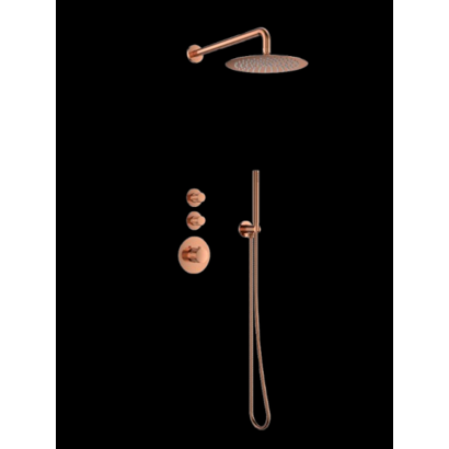 Doucheset inbouw deluxe met box thermostaat, muurbevestiging / douchekop 30 cm rond Brons met geribbeld knop