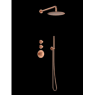 Doucheset inbouw deluxe met box thermostaat, muurbevestiging / douchekop 25 cm rond Brons met geribbeld knop